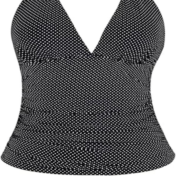 NWT Plunging V Neck Halter Shirred Tankini Swim Top Polka Dot 18 - Picture 2 of 10
